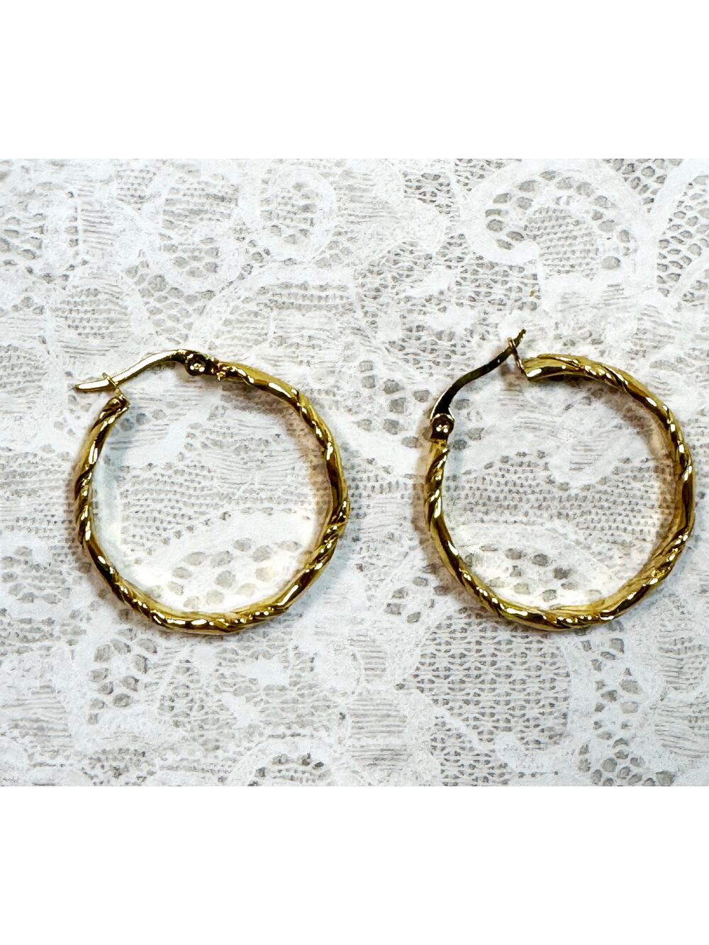 Gold Tone Stainless Steel Twisted Hoop Earrings 1.25" Textured Hoops E291